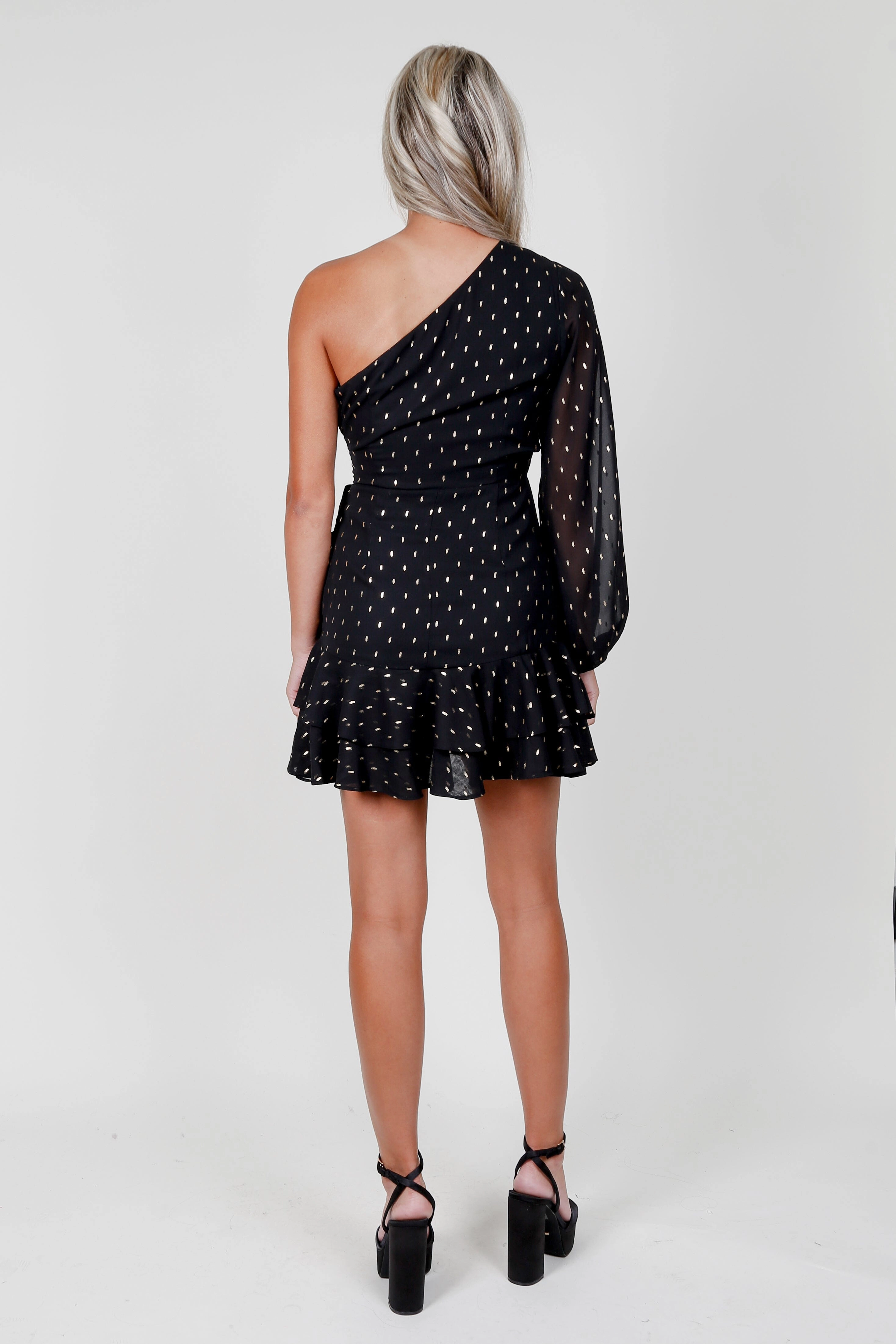 One Shoulder Keyhole Mini Dress - Black Metallic-Shine Petite friendly