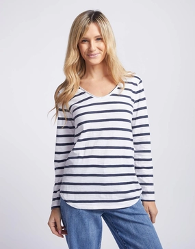 Bold Statement Trendy Look Original V-Neck Long Sleeve T-Shirt - Navy/White Stripe