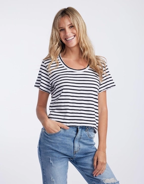 Original Round Neck T-Shirt - Black/White Stripe coordinate with other items Chic Style