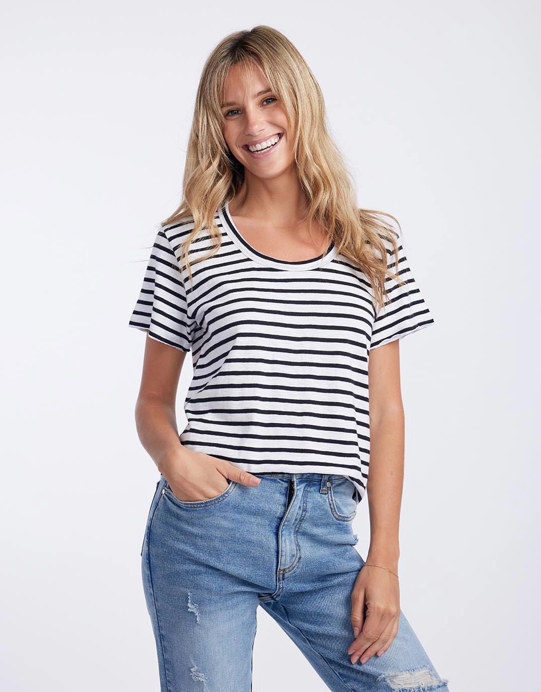 Original Round Neck T-Shirt - Black/White Stripe coordinate with other items Chic Style