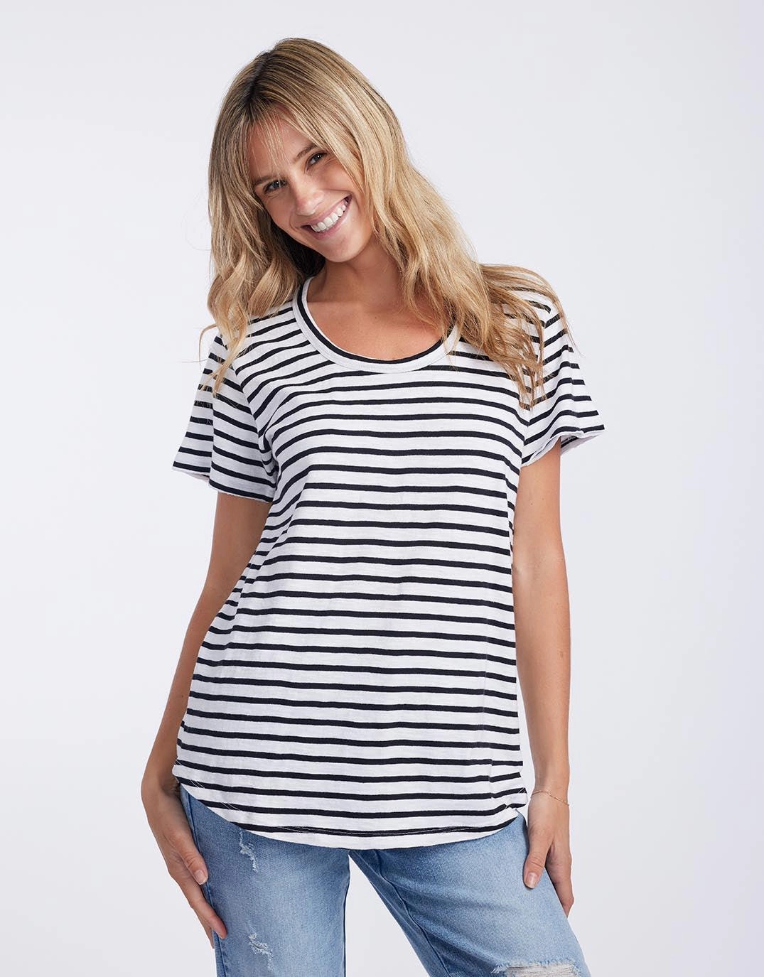 Original Round Neck T-Shirt - Black/White Stripe Business Meeting Light Breeze