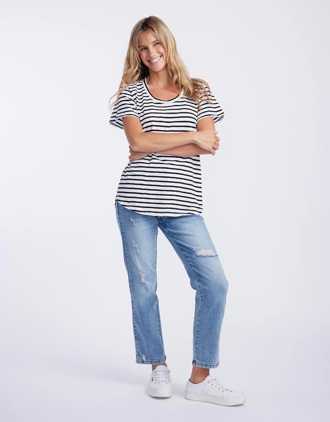 V neck style Original Round Neck T-Shirt - Black/White Stripe