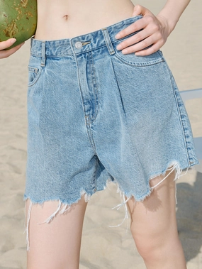 Cotton High Waist Denim Shorts snap closure