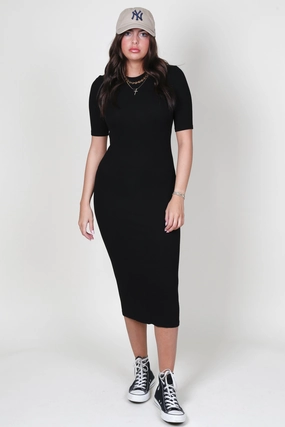 All Day Ready ENZA COSTA | Silk Rib Half Sleeve Midi Dress - Black
