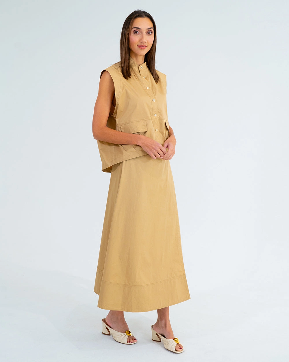 Evelyn Skirt - Camel Laser Cut Edges Glossy Texture