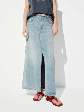 Paneled Detail Maxi Denim Skirt Modern Tones
