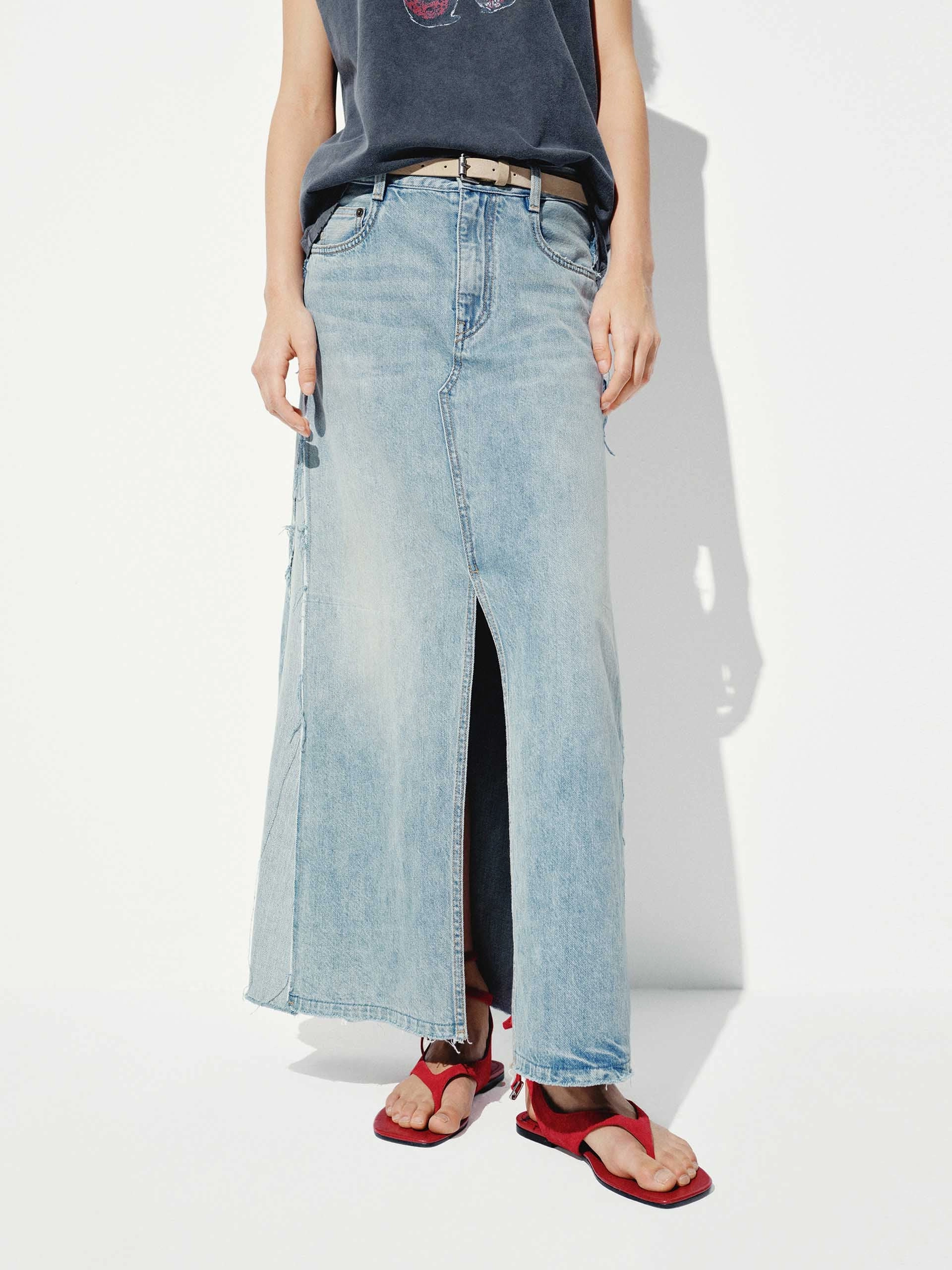 Paneled Detail Maxi Denim Skirt Modern Tones