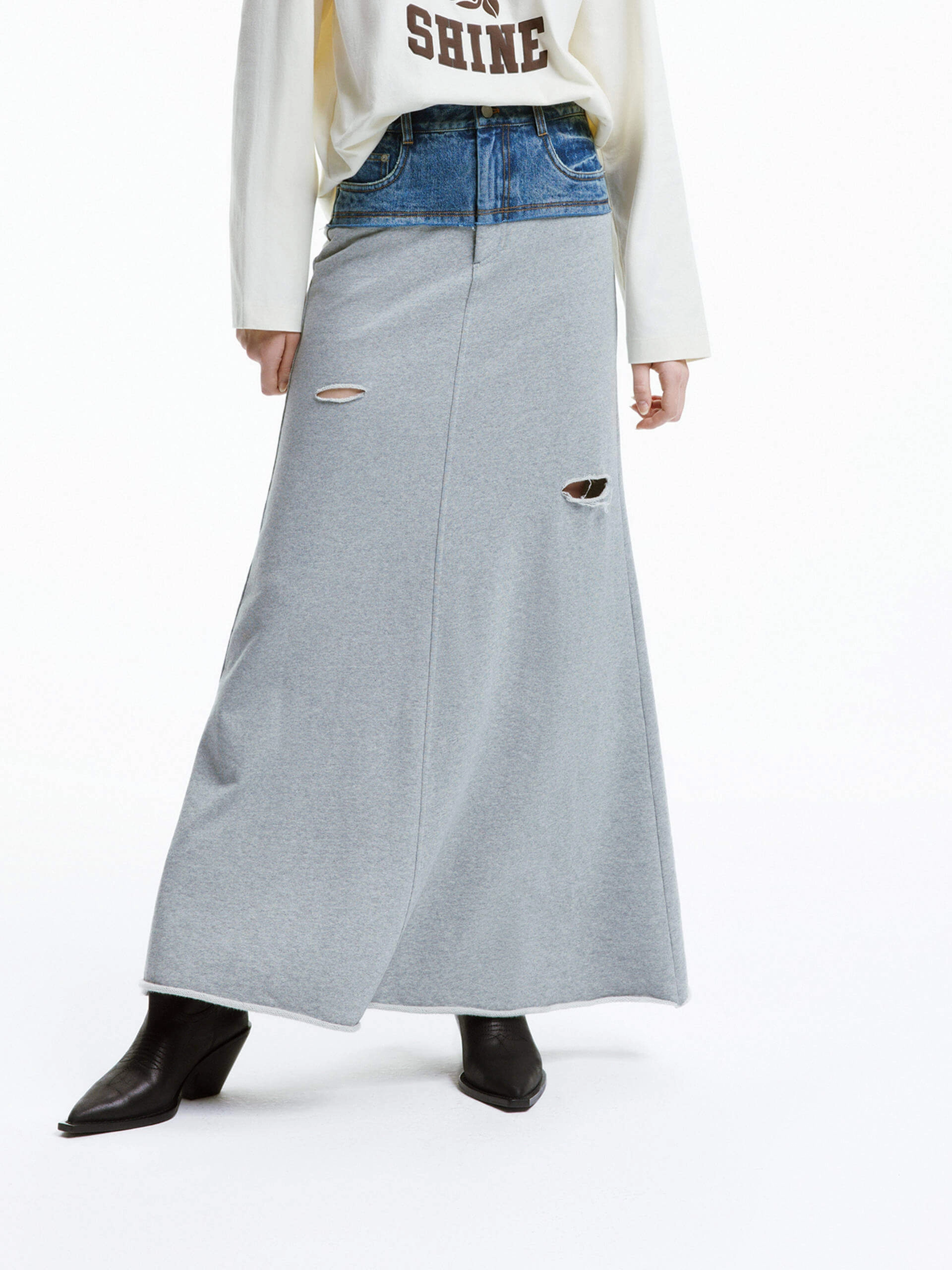 Asymmetrical Cut Relaxed Look Paneled Ripped Detail Skirt