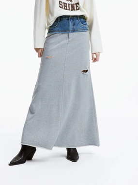 Asymmetrical Cut Relaxed Look Paneled Ripped Detail Skirt