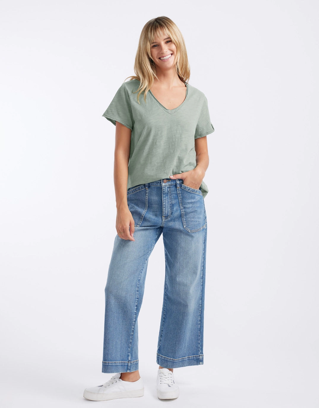 Original V Neck T-Shirt - Sage Double Stitched Seams