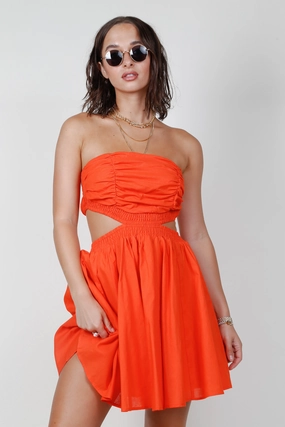 Bless Glow EasyCareMaterial Cotton Linen Cut Out Dress - Tomato Red