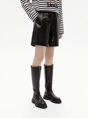 Drawstring Waist Leather Shorts Semi Formal DurableStitching
