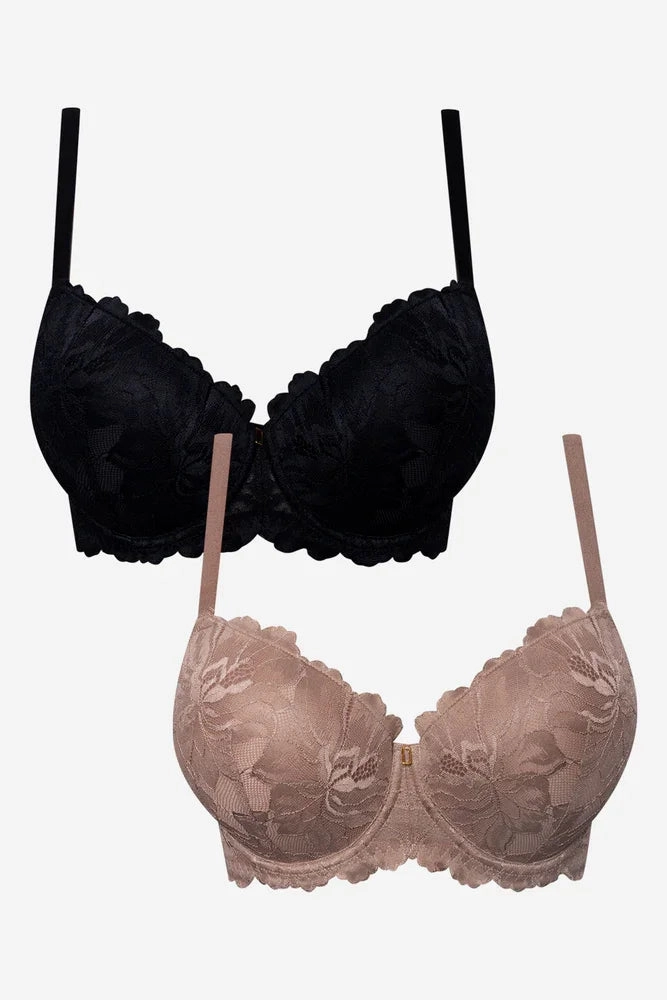 Plus Size 2 Pack Lace Balconette Bras Black And Natural Easy Material