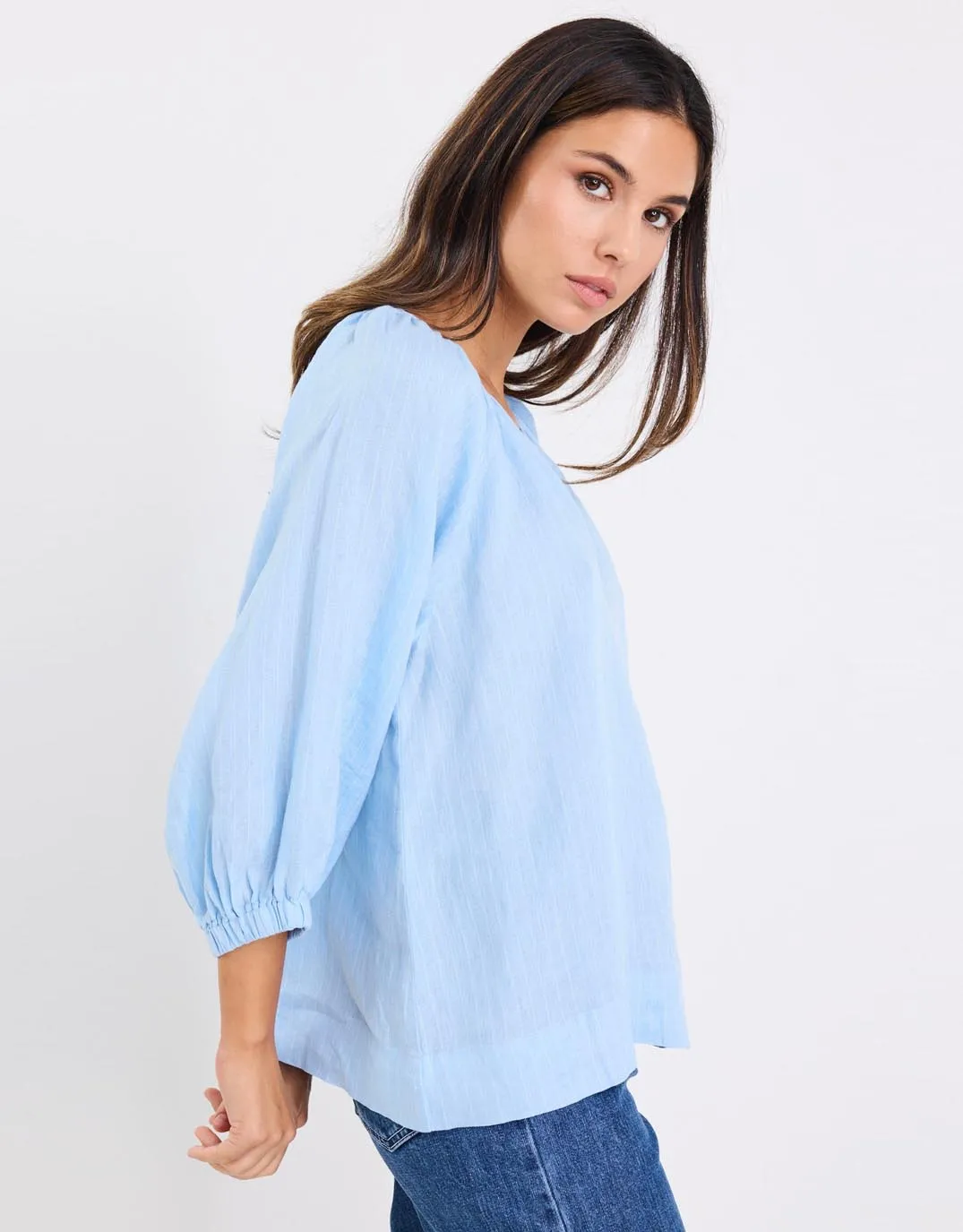Designer Touch Current Style Revolutionary Linen Relaxed Long Sleeve Top - Sky Blue