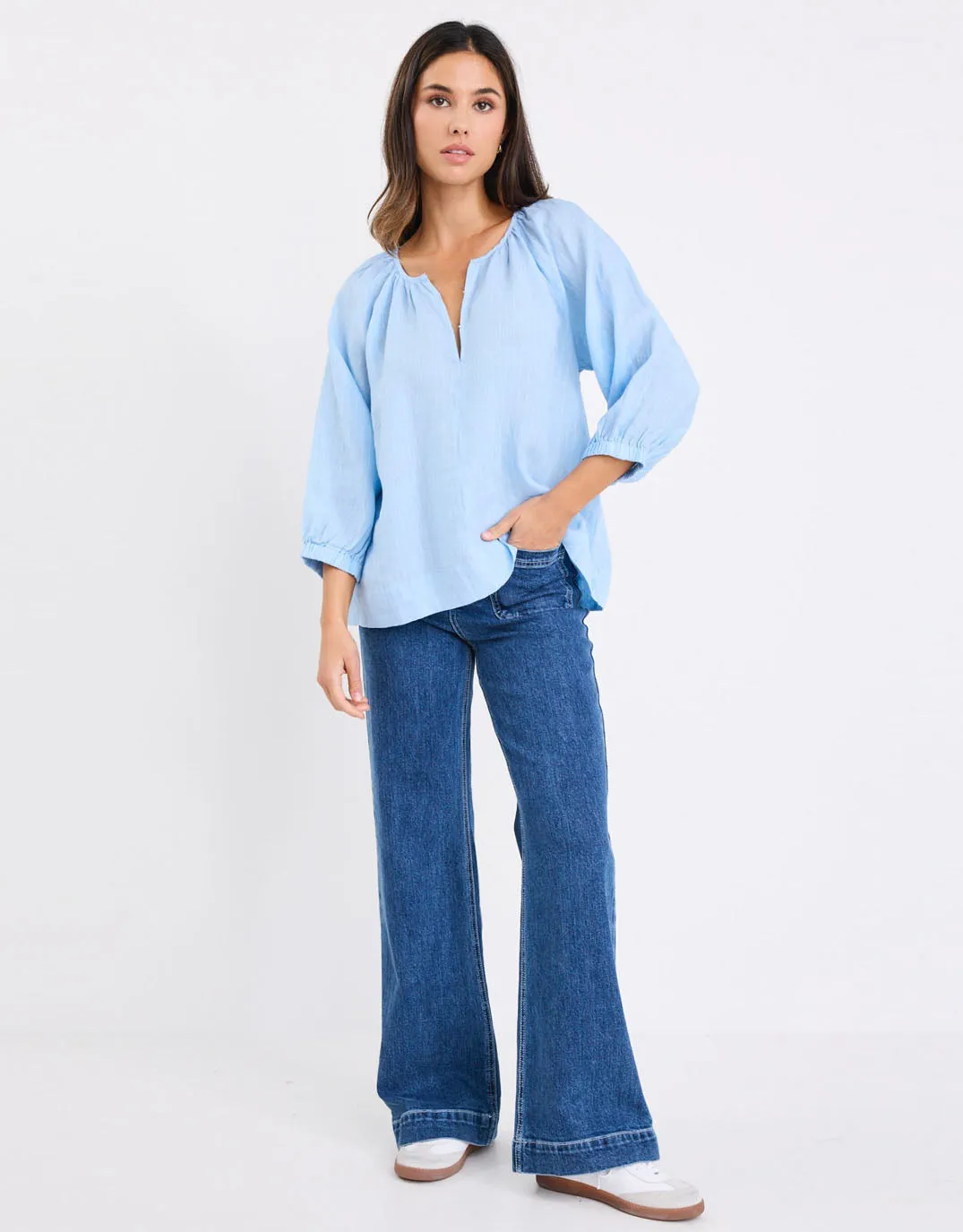 Affordable Luxury Revolutionary Linen Relaxed Long Sleeve Top - Sky Blue
