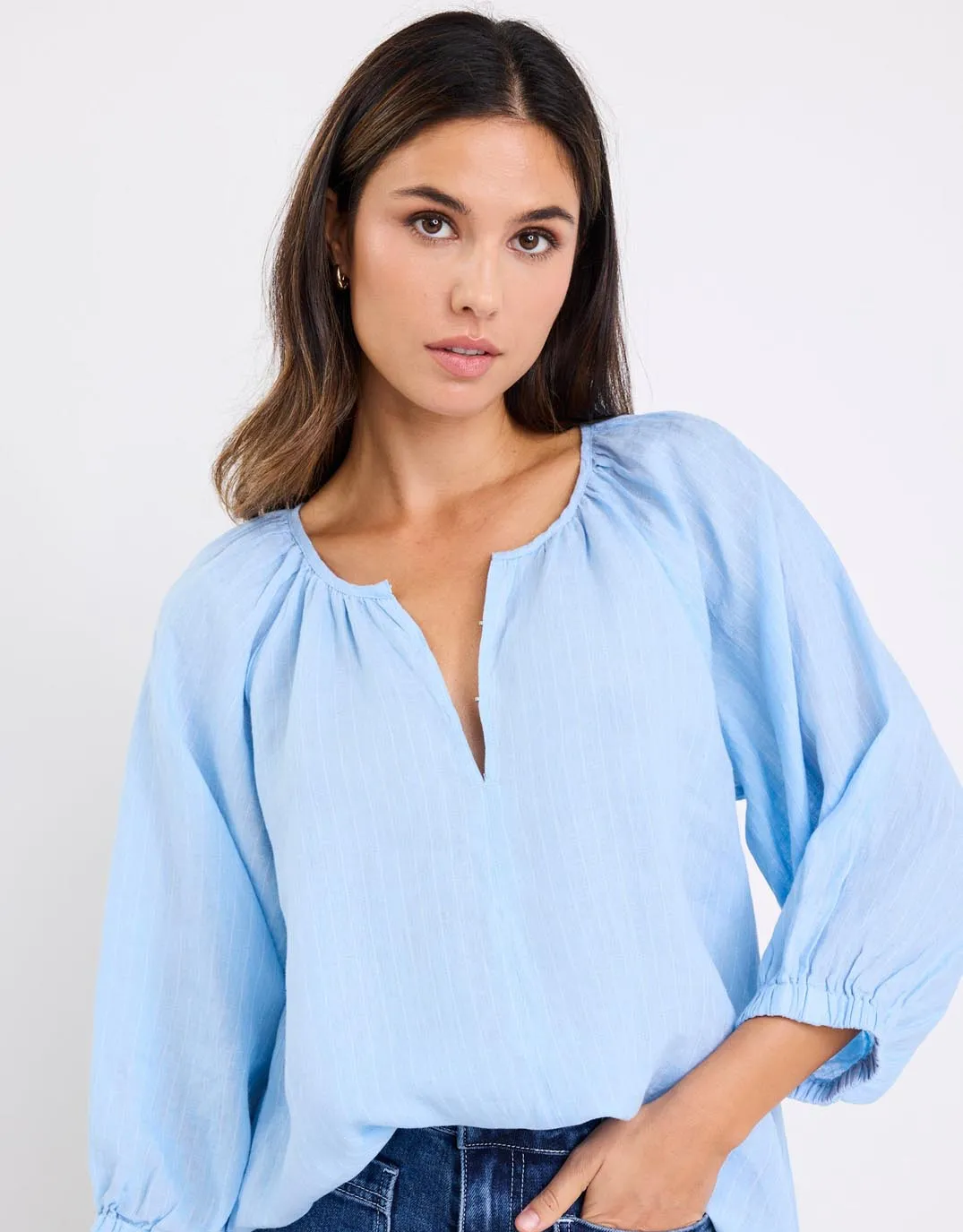 Fitted Design Lightweight Construction Revolutionary Linen Relaxed Long Sleeve Top - Sky Blue