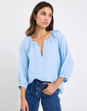 Matte Finish Revolutionary Linen Relaxed Long Sleeve Top - Sky Blue