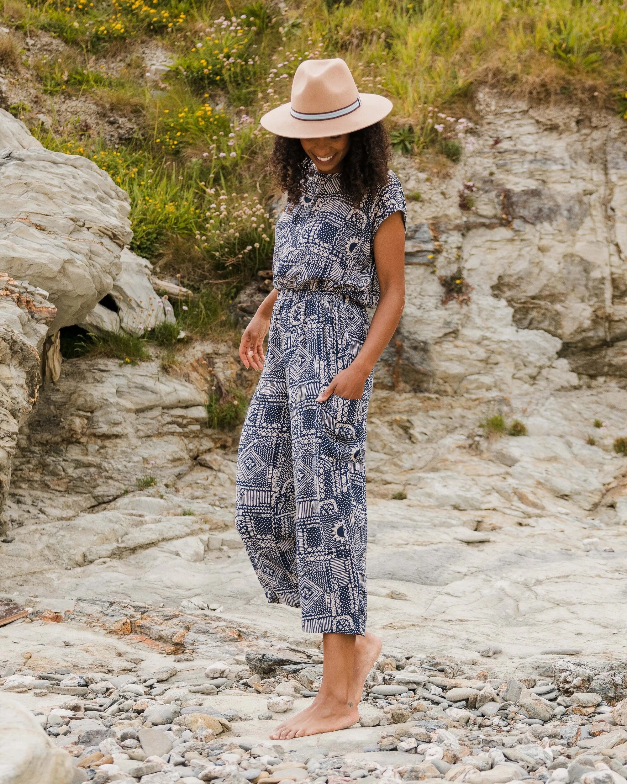 Commuter Fit Thimbleberry Jumpsuit - Vintage Patchwork Navy
