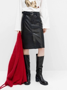 Athleisure Inspired Laidback Feel PU Leather Straight Midi Skirt