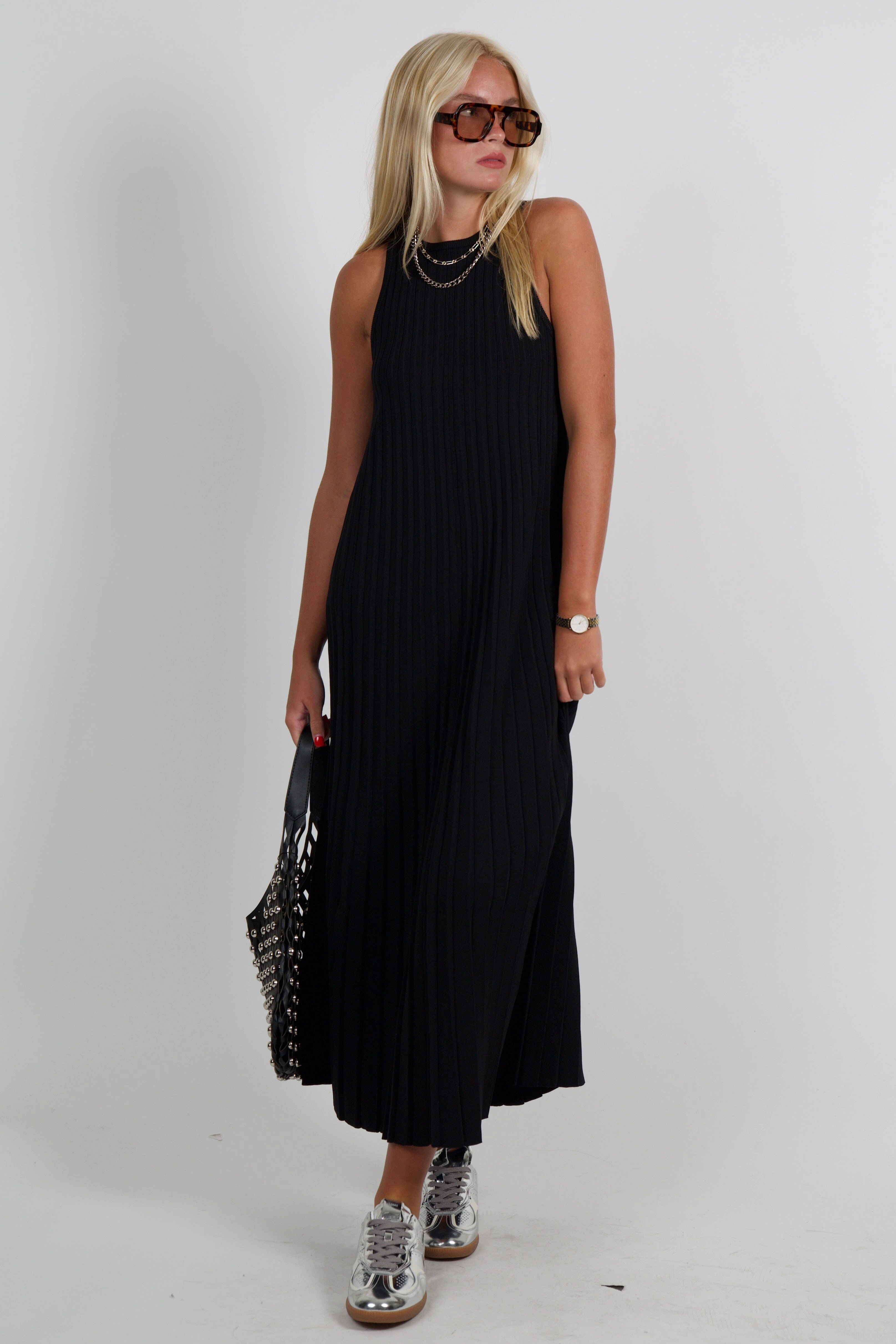 ENGLISH FACTORY | Pleated A-line Knit Midi Dress - Black Rose Soft