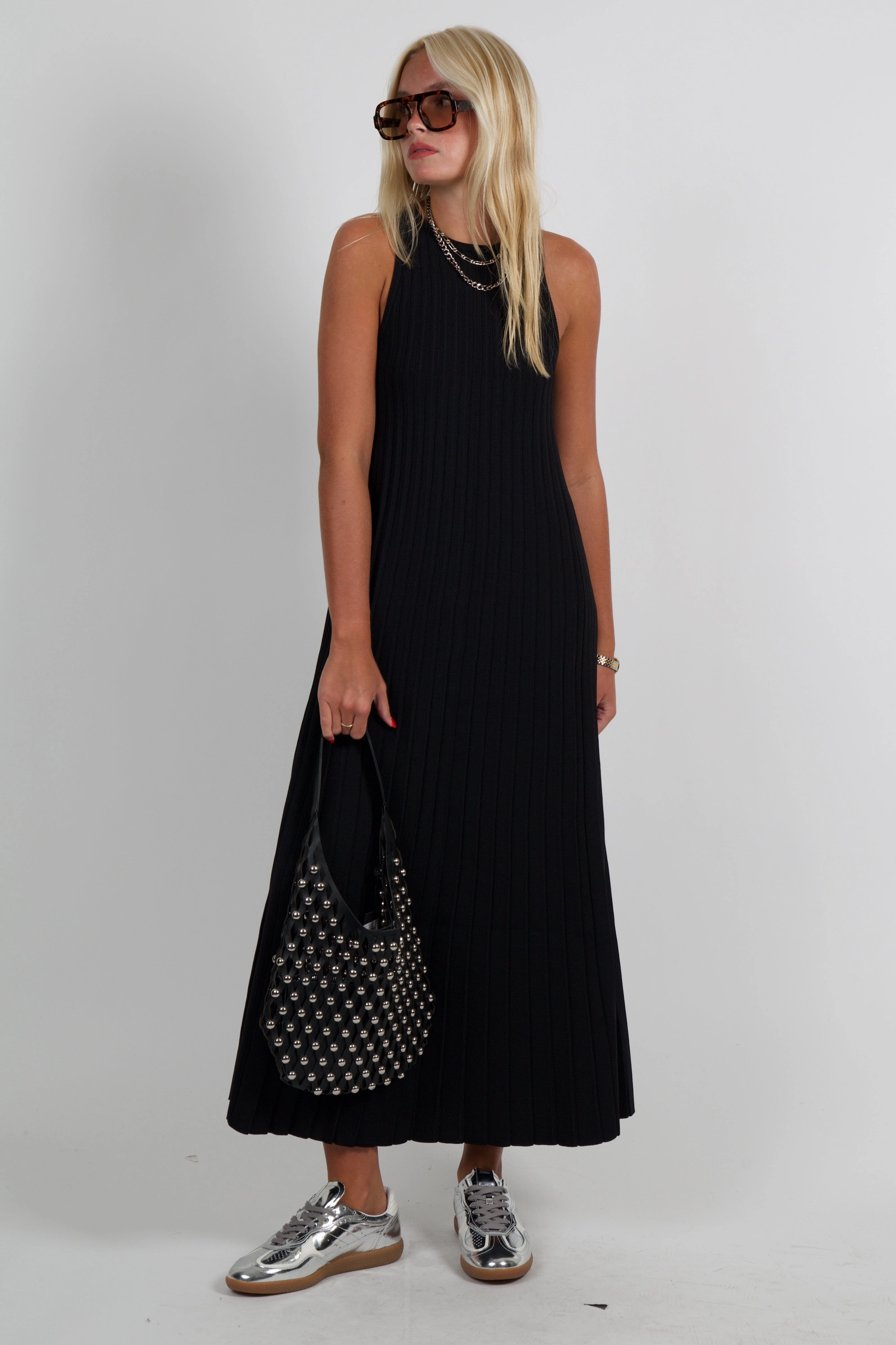 Refined fit Capsule-Wardrobe ENGLISH FACTORY | Pleated A-line Knit Midi Dress - Black