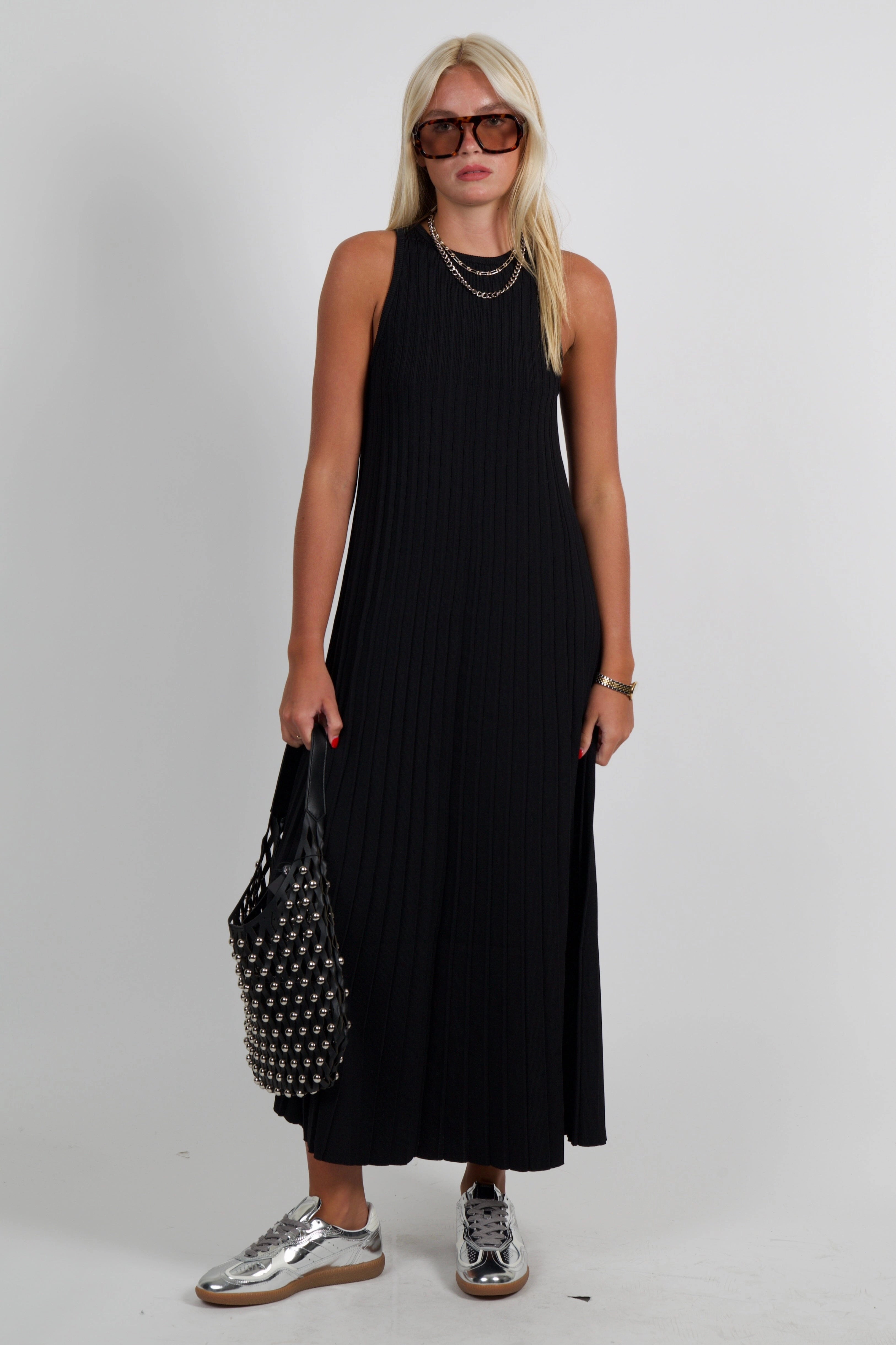 ENGLISH FACTORY | Pleated A-line Knit Midi Dress - Black Wrinkle-Resistant
