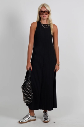 ENGLISH FACTORY | Pleated A-line Knit Midi Dress - Black Wrinkle-Resistant