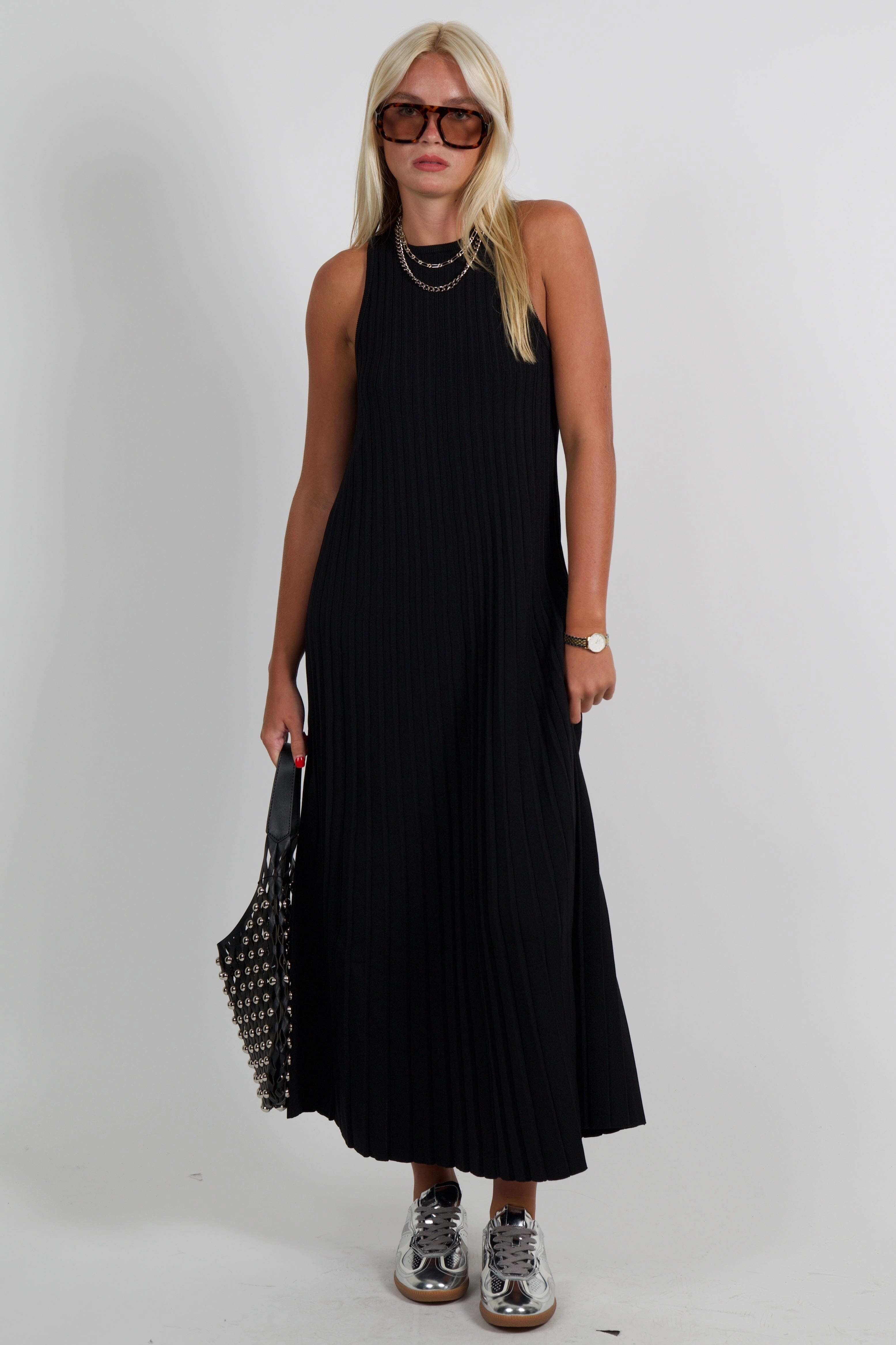 ENGLISH FACTORY | Pleated A-line Knit Midi Dress - Black solo wear