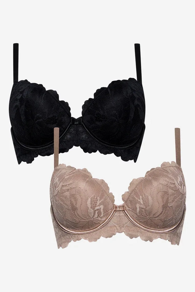 Supportive frame 2 Pack Summer Lace Balconette Bra Black & Taupe(sml)