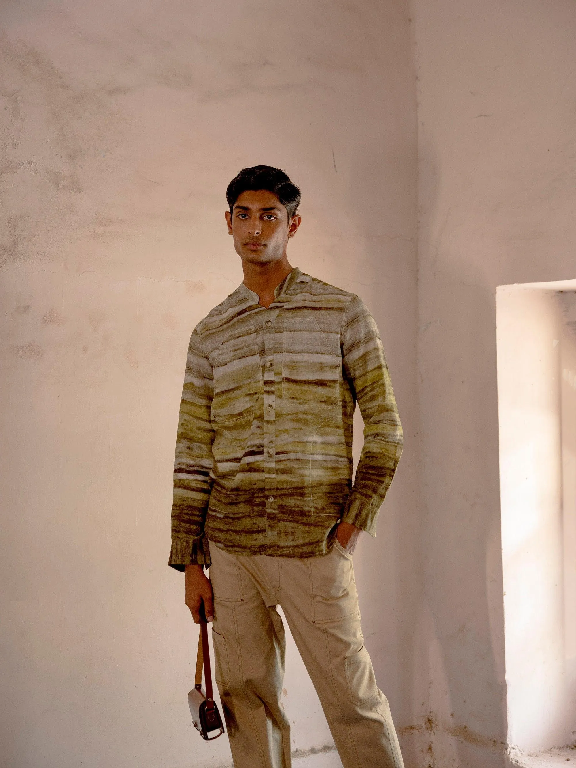 Collarless Shirt Fitted Silhouette