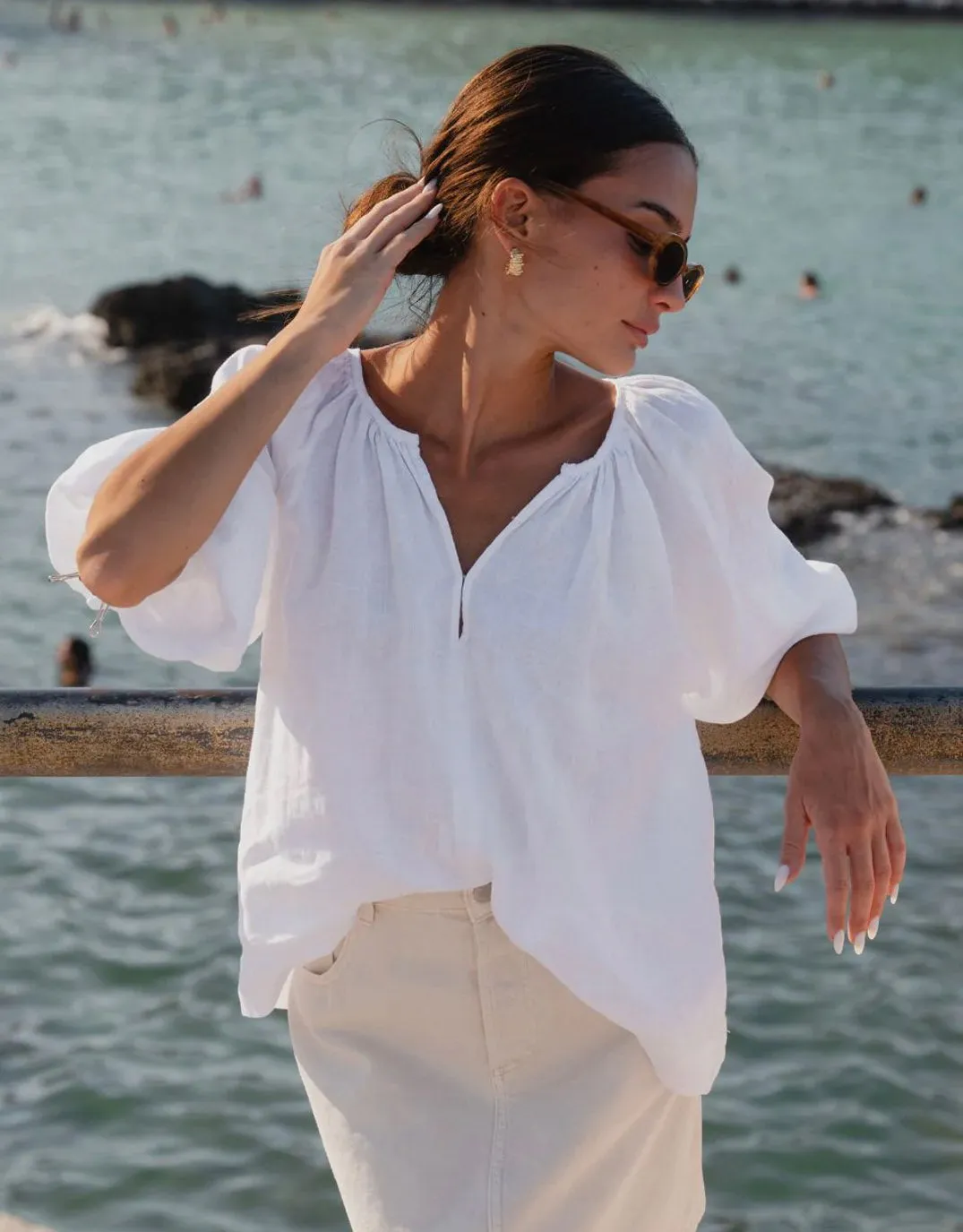 Revolutionary Linen Relaxed Long Sleeve Top - White Business Meeting Sustainable Dye Process
