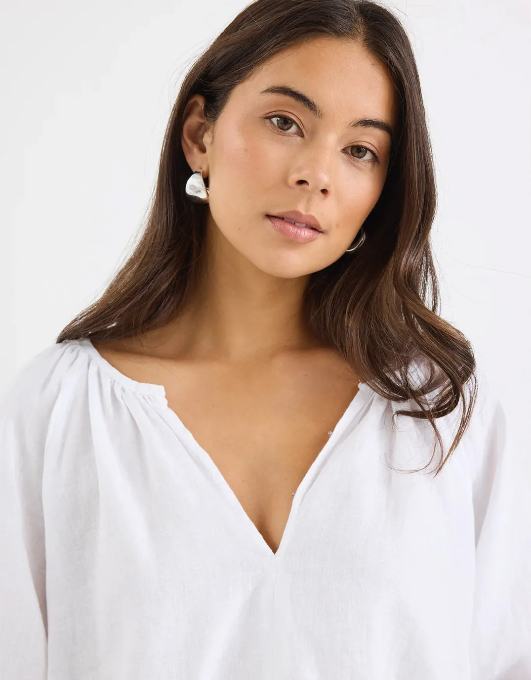 Revolutionary Linen Relaxed Long Sleeve Top - White Metallic Finish High Neck