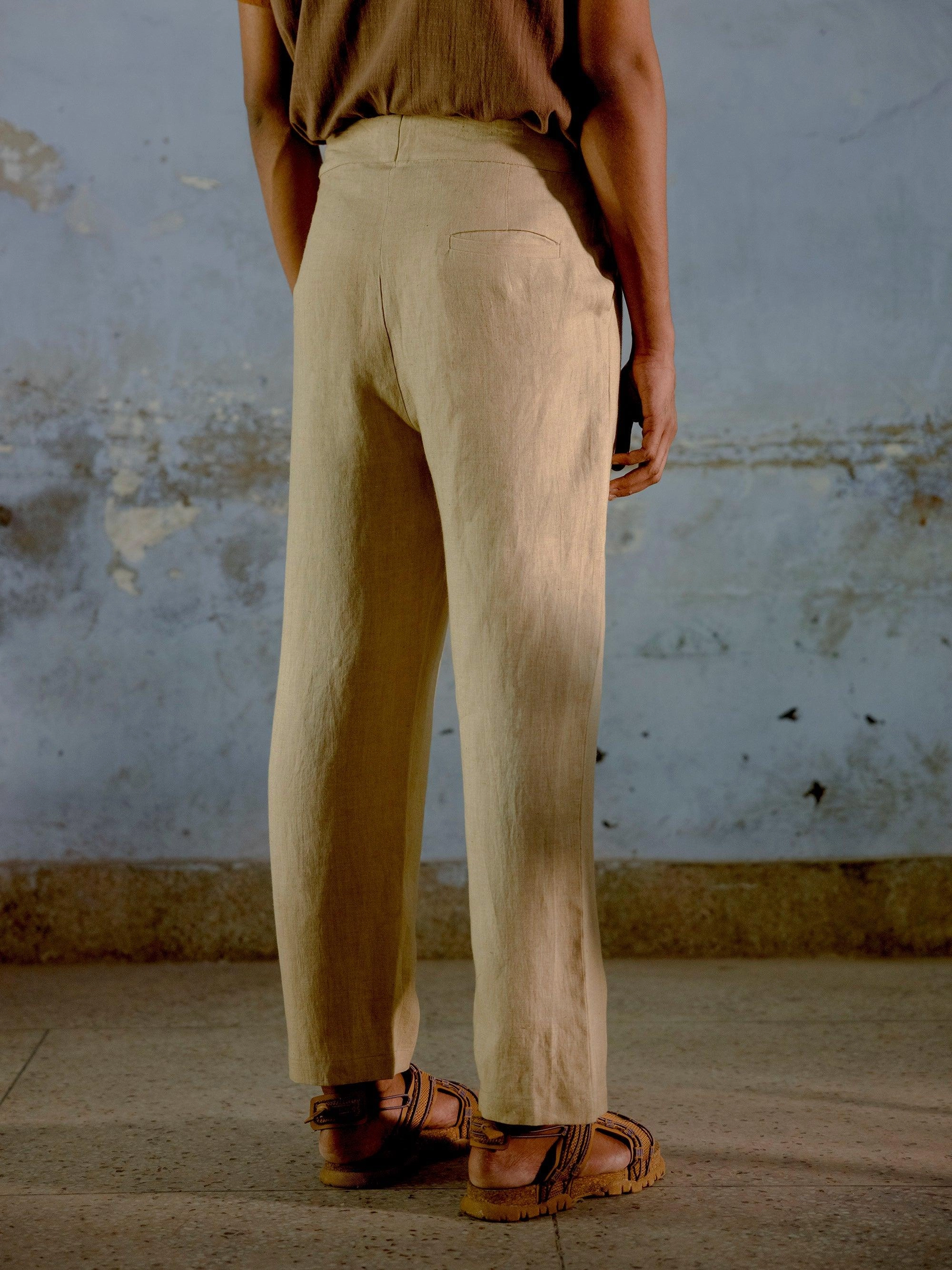 Linen Buckled Pants Durable Fabric