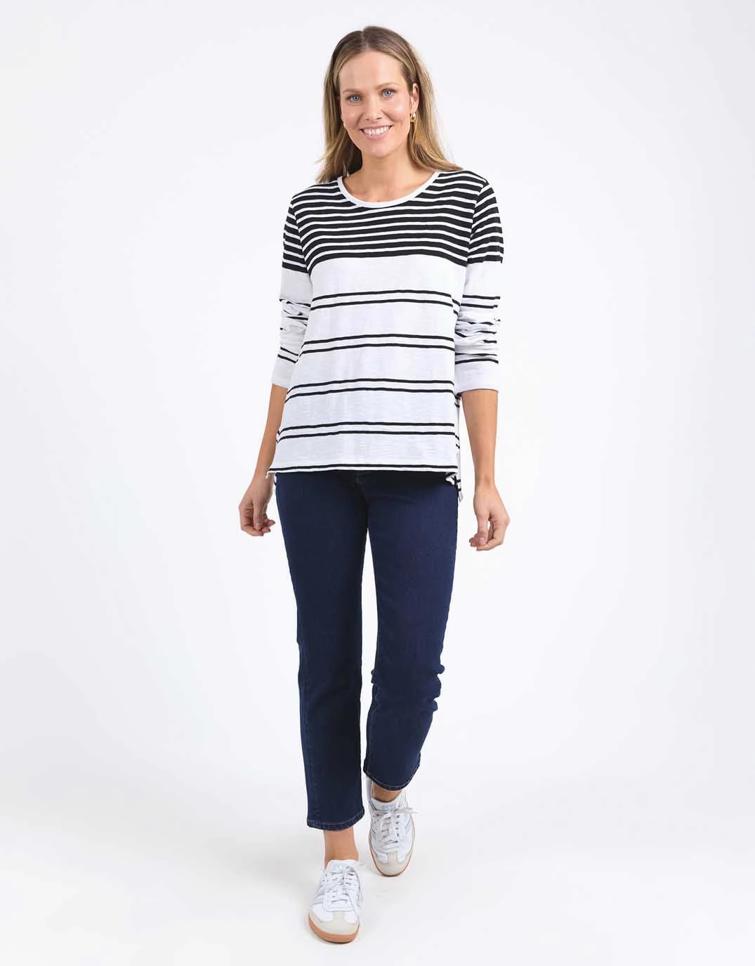 Ribbed Neckline Lexa Stripe Long Sleeve Tee - Black & White Stripe
