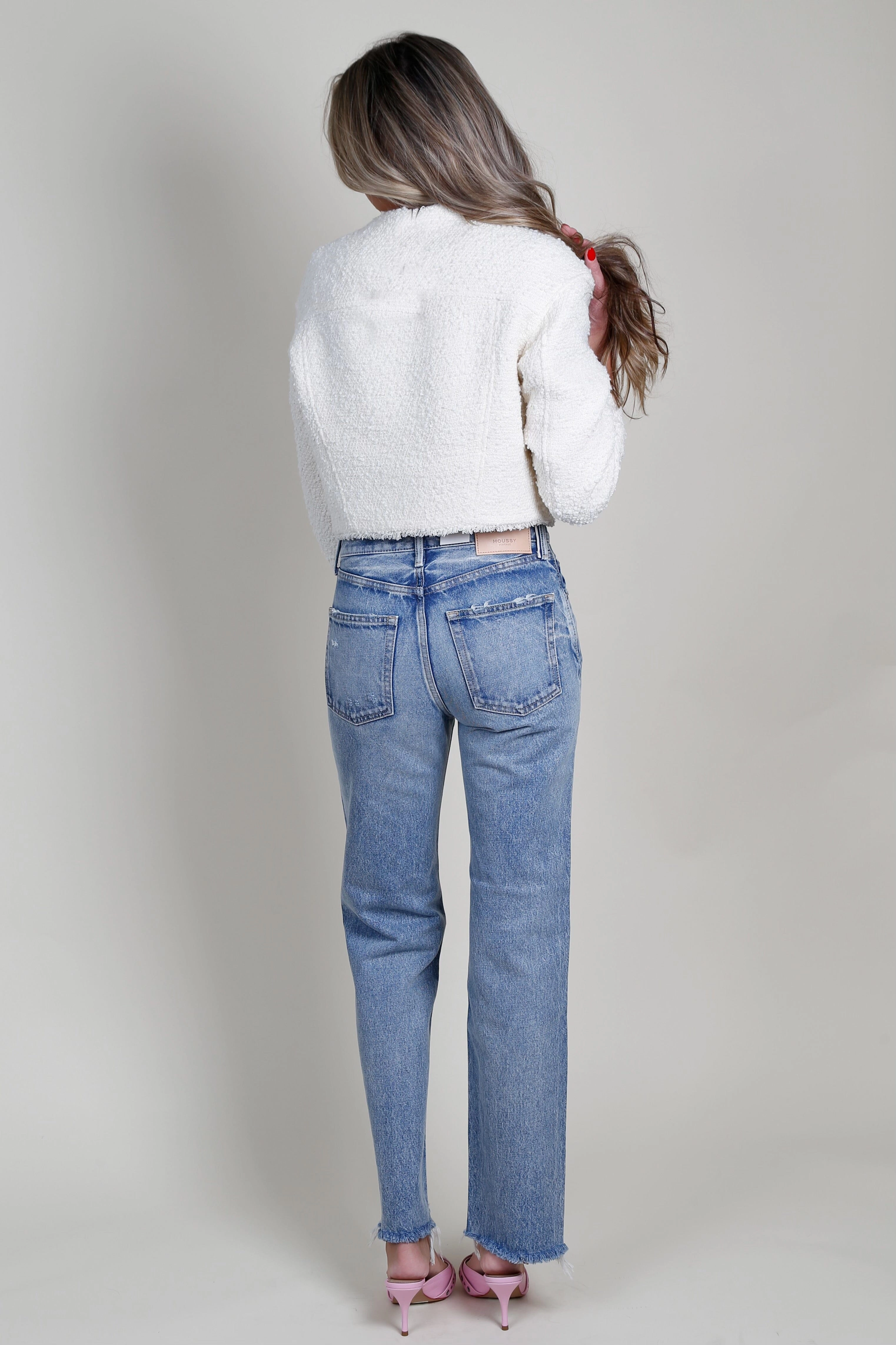 GENERATION LOVE | Emille Tweed Bomber Jacket - Cream Stretchable Waistband