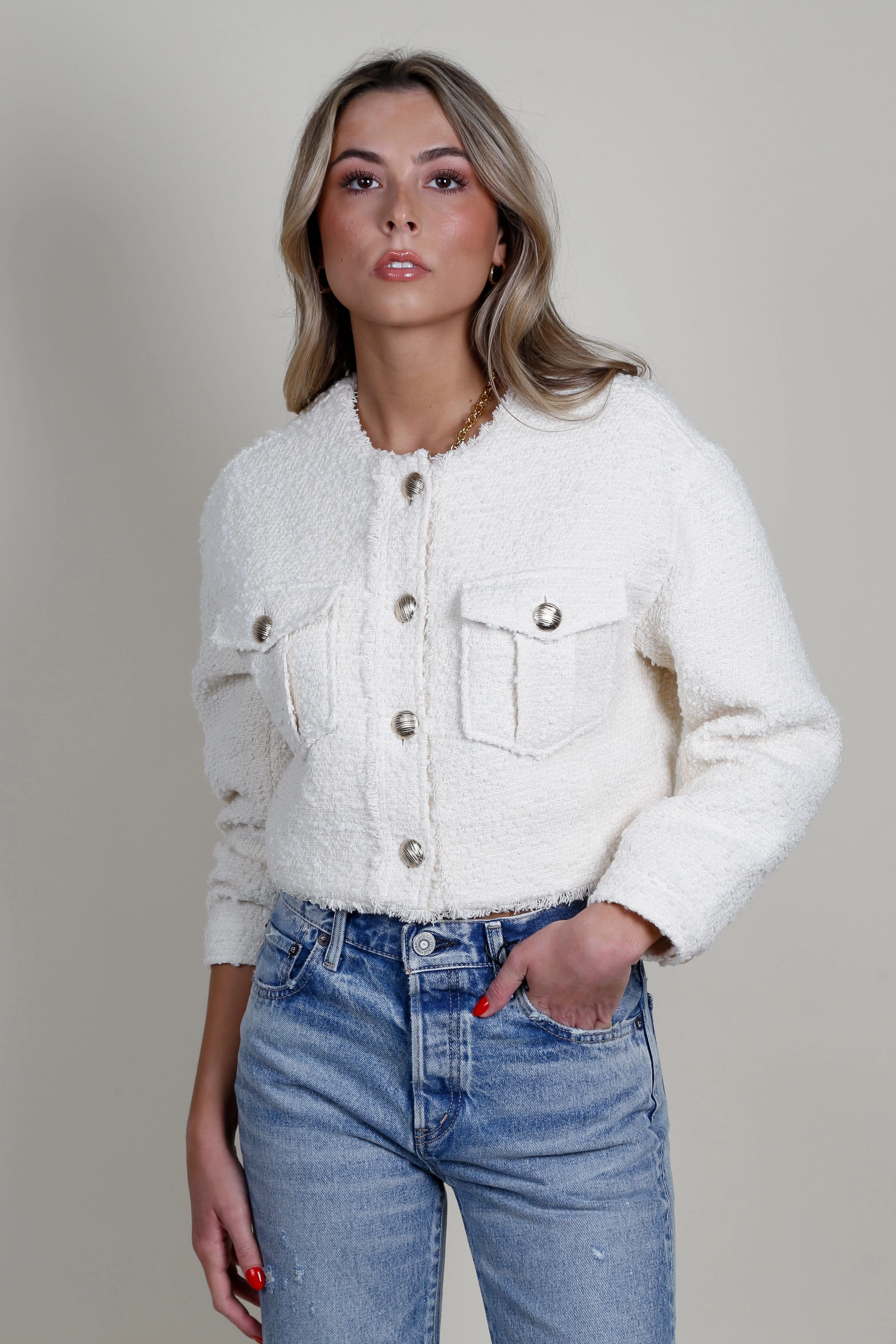 GENERATION LOVE | Emille Tweed Bomber Jacket - Cream Cashmere Blend