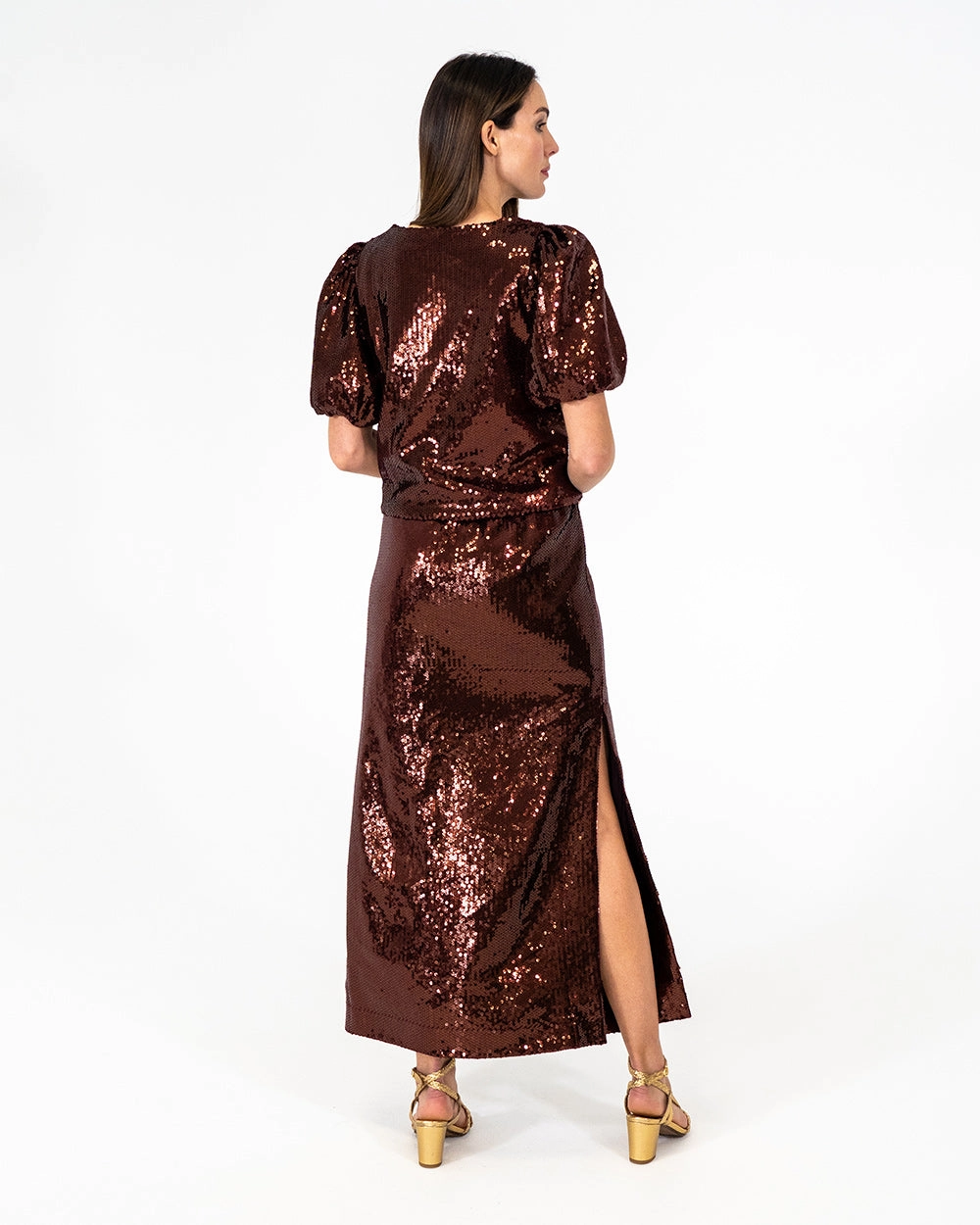 Quinn Maxi Skirt - Shiraz Sequin Daily Wear raw hem