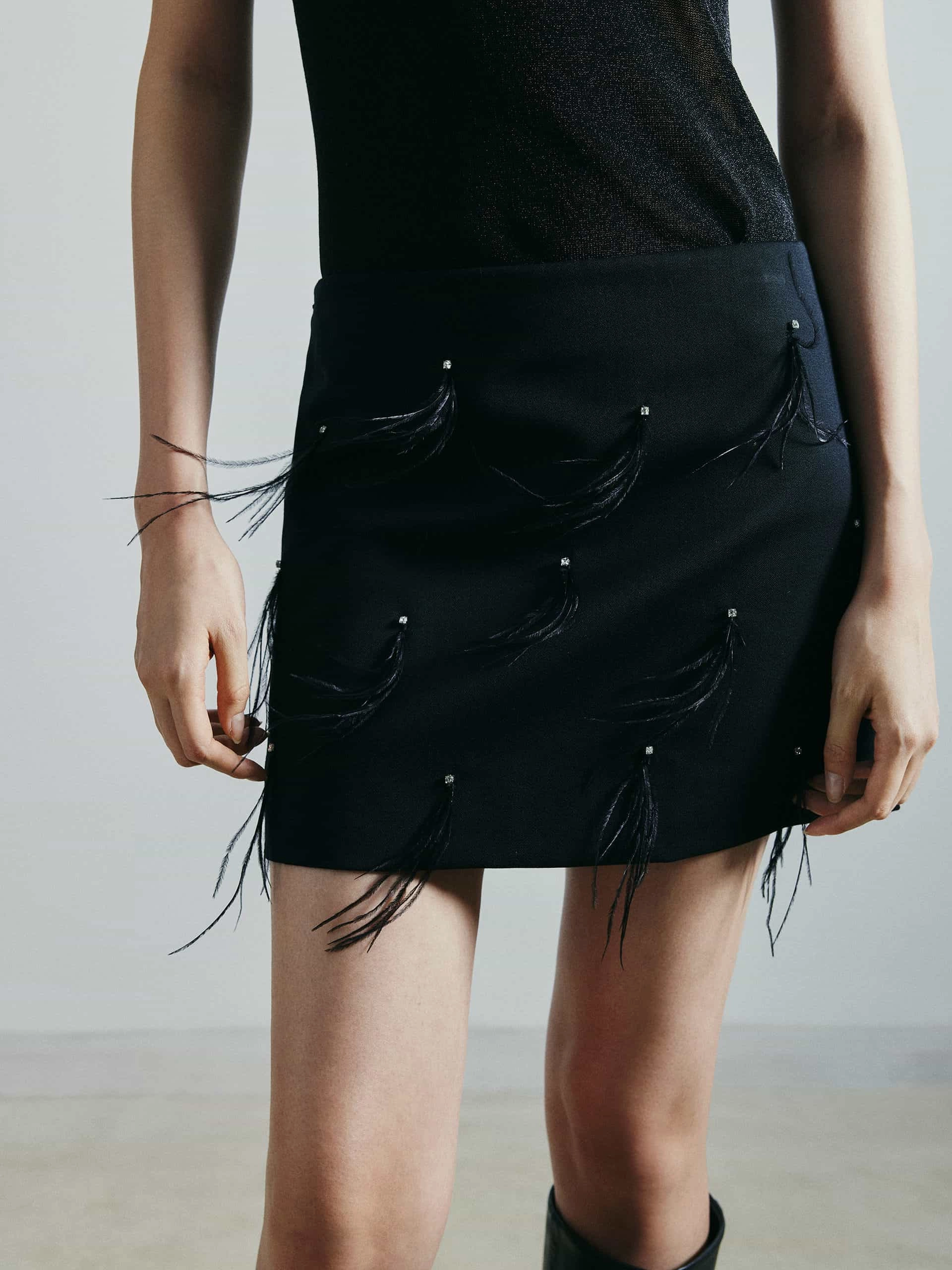 Adjustable Closure Chill Tones Feather Embellished Wool Skirt