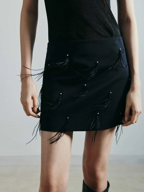 Street Look Clean Lines Feather Embellished Wool Skirt