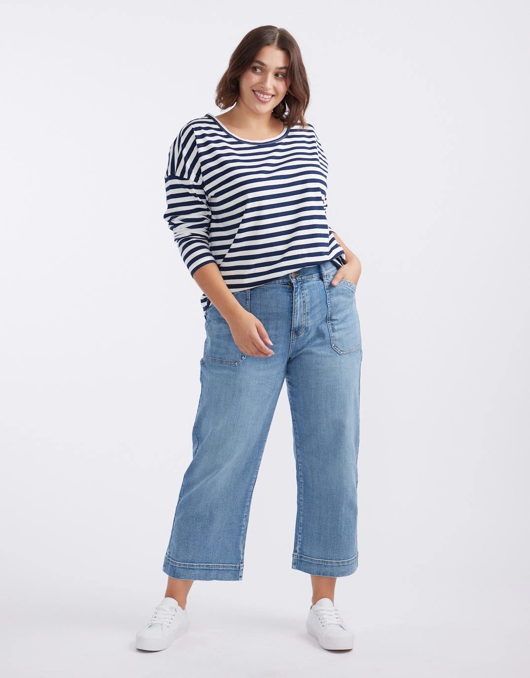 Relaxed Long Sleeve T-Shirt - French Navy/White Non Irritating Collar Moisture Management Fabric