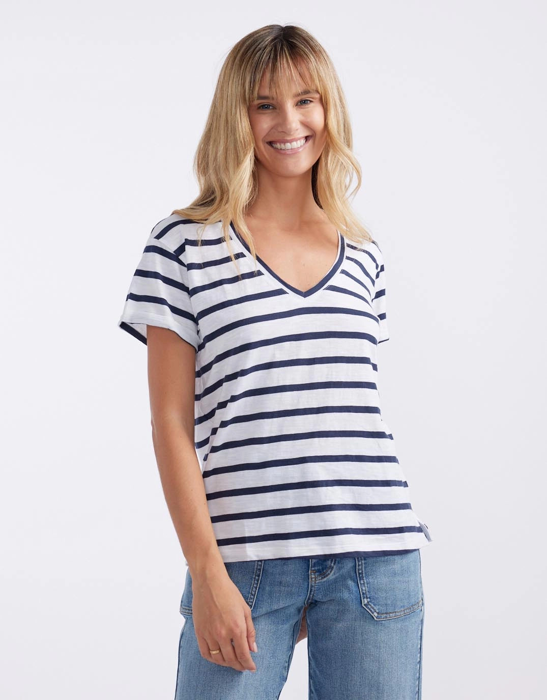Casual Vibes Turn Back V Neck T-Shirt - White/Navy Stripe