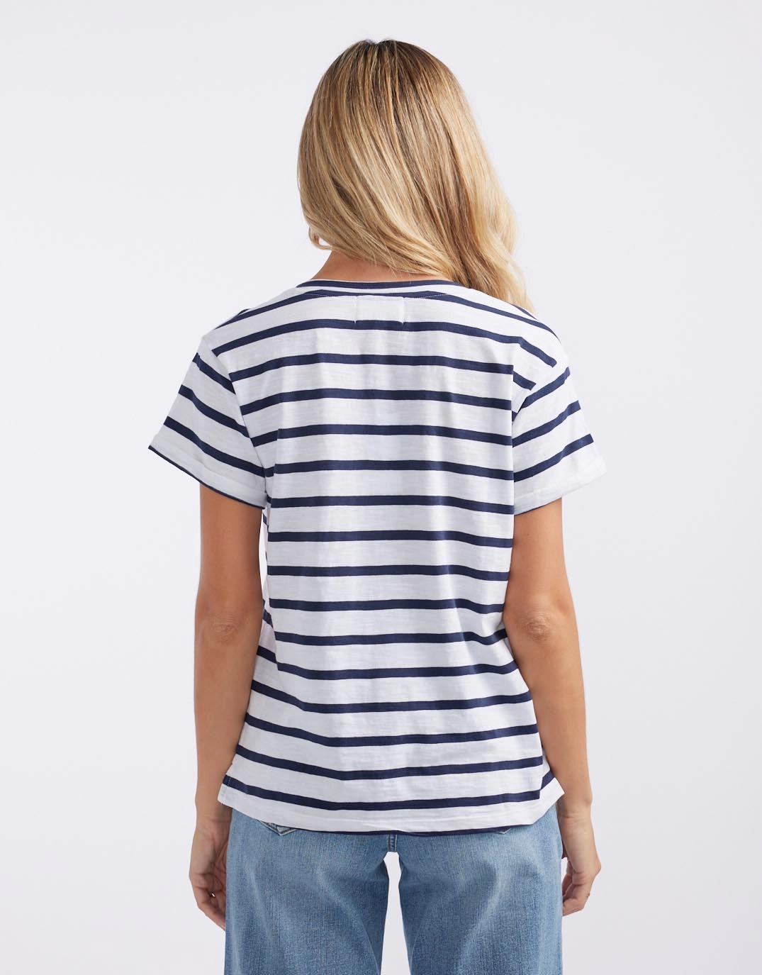 Comfy Layer Wear Cashmere combination Turn Back V Neck T-Shirt - White/Navy Stripe