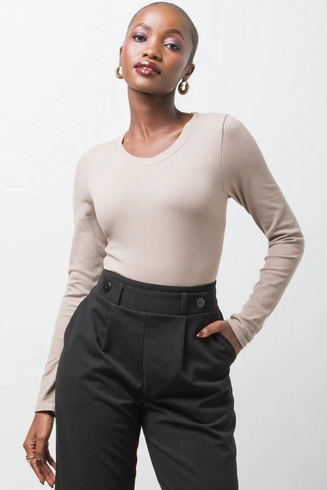 Rib Seamless Long Sleeve Bodysuit Natural NoSlipGripperBand Tapered Side Panels
