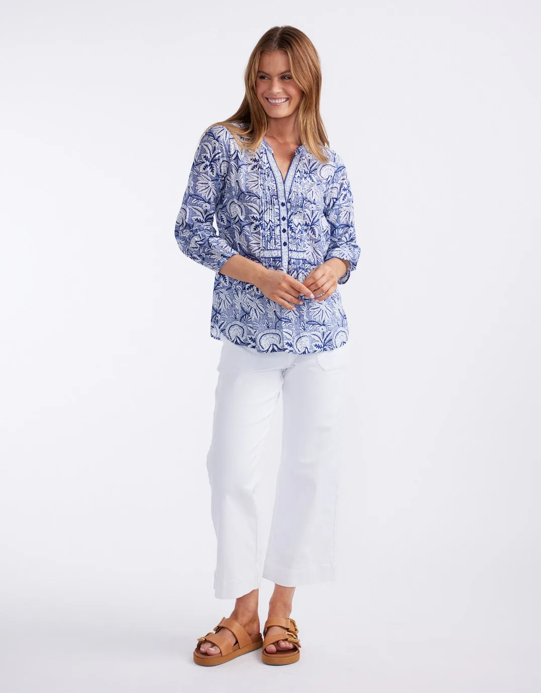 Lace Accent Tall friendly Natalie Cotton Blouse - Malta Navy