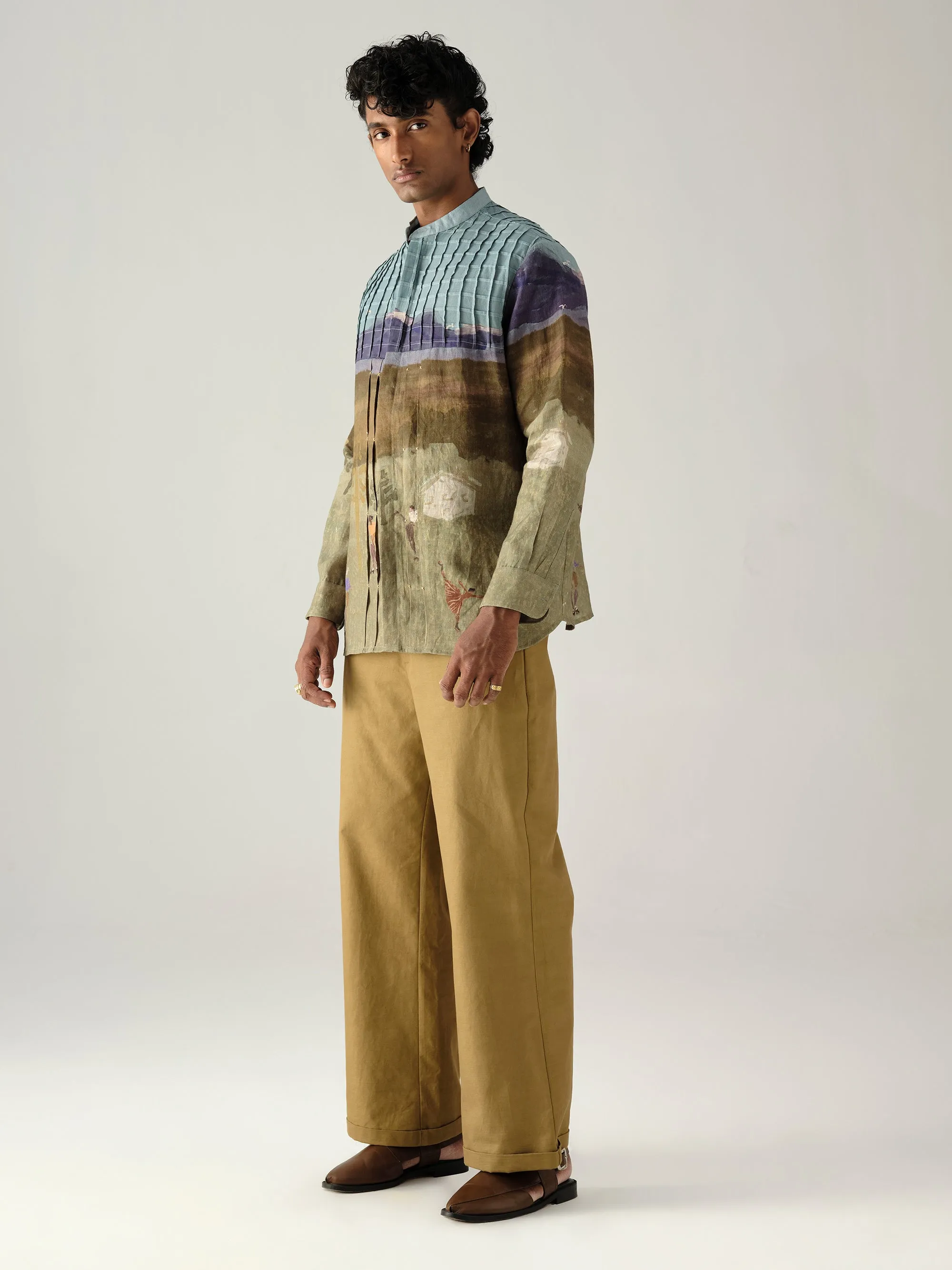 Trendy Pattern Pintuck Collarless Shirt