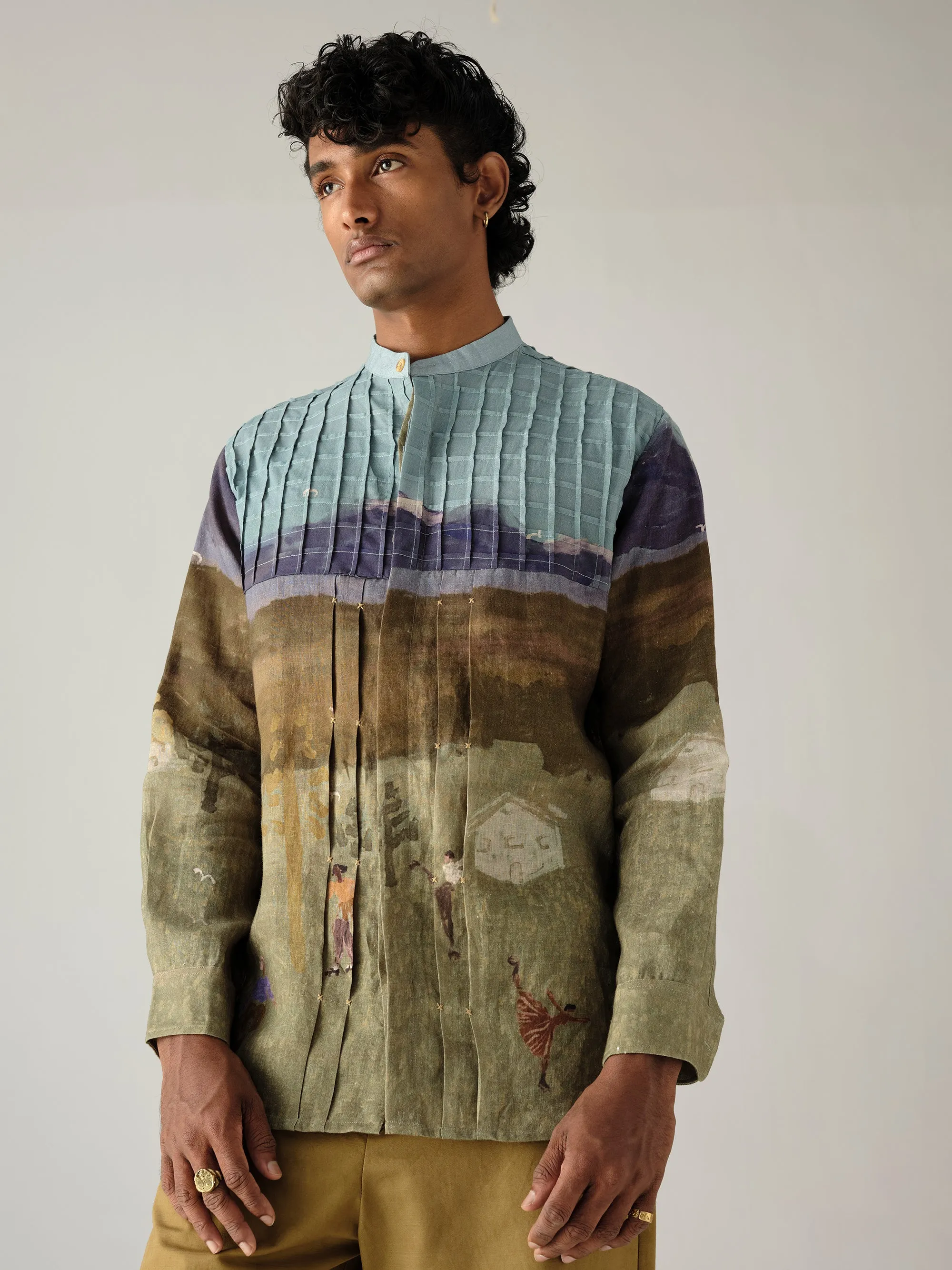 Pintuck Collarless Shirt Geometric Design