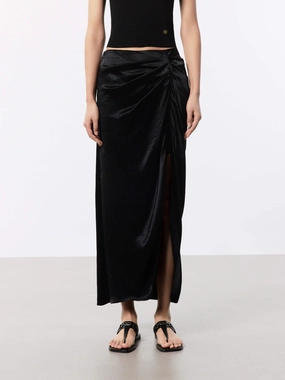 Modern Design Asymmetrical Cut Gathering Detail Satin Skirt