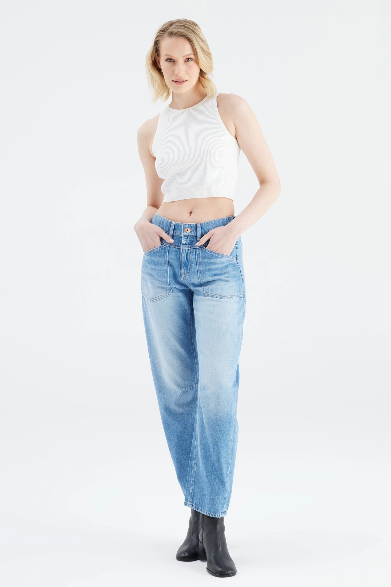 Selena Mid Waist Patch Pocket Ankle Jeans - Medium Blue L01 Quick Comfort Fit