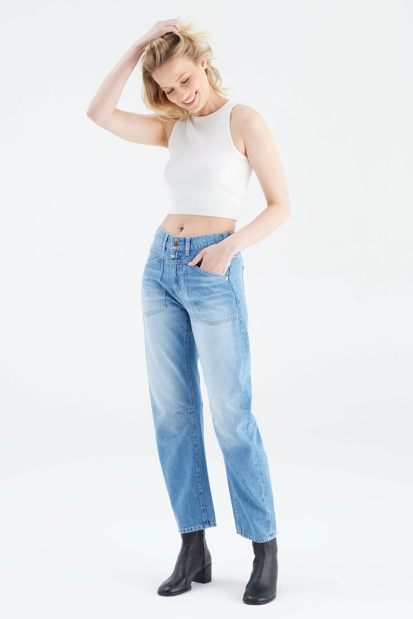Selena Mid Waist Patch Pocket Ankle Jeans - Medium Blue L01 ReinforcedSeams Trendy Waist