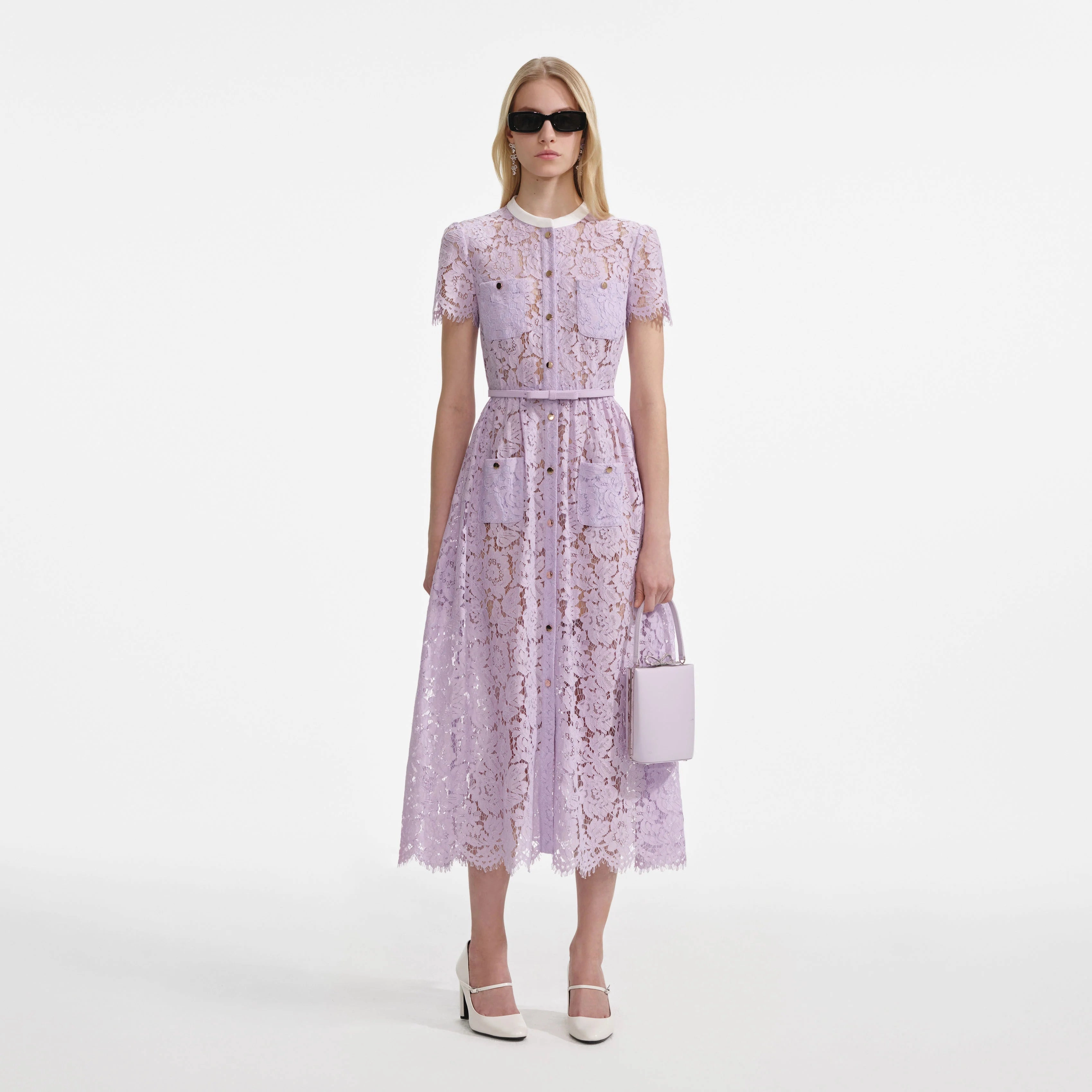 Self Portrait 006 Lace Button Front Midi Dress in Lilac Texture Blend